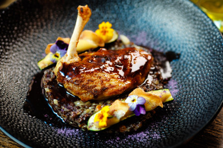 Corn chicken supreme. Beluga lentils, Old Ammerlander cheese, mini zucchini, red wine sauce. Delicious healthy traditional food closeup served for lunch in modern gourmet cuisine restaurantの写真素材