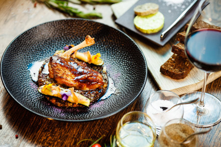 Corn chicken supreme. Beluga lentils, Old Ammerlander cheese, mini zucchini, red wine sauce. Delicious healthy traditional food closeup served for lunch in modern gourmet cuisine restaurantの写真素材