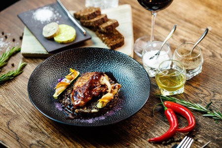 Corn chicken supreme. Beluga lentils, Old Ammerlander cheese, mini zucchini, red wine sauce. Delicious healthy traditional food closeup served for lunch in modern gourmet cuisine restaurantの写真素材