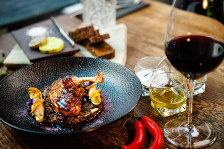 Corn chicken supreme. Beluga lentils, Old Ammerlander cheese, mini zucchini, red wine sauce. Delicious healthy traditional food closeup served for lunch in modern gourmet cuisine restaurantの写真素材