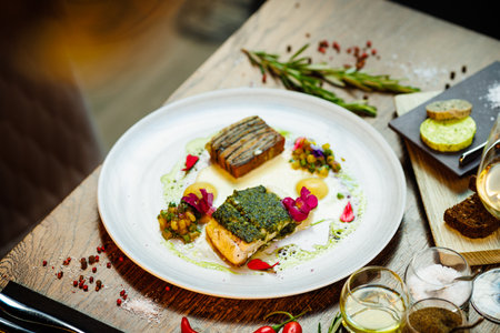 Pike-perch fillet. Potato gratin, warm yellow beet-turkey bean salad, parmesan dressing. Delicious seafood fish closeup served on a table for lunch in modern cuisine gourmet restaurantの写真素材