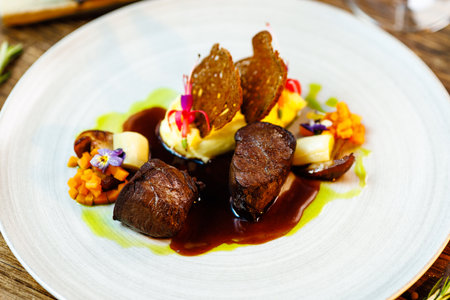 Deer tenderloin. Truffle-potato puree, porcini mushrooms, baked leek and carrot, juniper bread, port wine sauce. Delicious healthy traditional food served for lunch in modern gourmet restaurantの写真素材