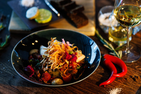 Warm salad with chicken. Almond potato, mini romaine lettuce, carrot, cherry tomato, pesto, black root chips, caramelized walnut, beet balsamic. Food closeup served for lunch in modern restaurantの写真素材