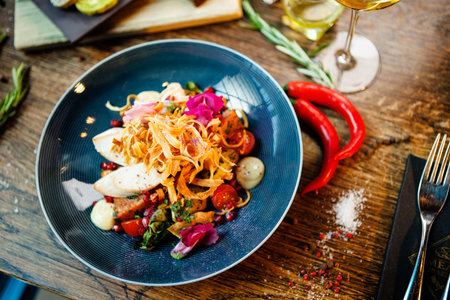 Warm salad with chicken. Almond potato, mini romaine lettuce, carrot, cherry tomato, pesto, black root chips, caramelized walnut, beet balsamic. Food closeup served for lunch in modern restaurantの写真素材