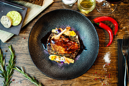Corn chicken supreme. Beluga lentils, Old Ammerlander cheese, mini zucchini, red wine sauce. Delicious healthy traditional food closeup served for lunch in modern gourmet cuisine restaurantの写真素材