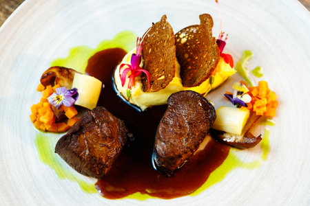Deer tenderloin. Truffle-potato puree, porcini mushrooms, baked leek and carrot, juniper bread, port wine sauce. Delicious healthy traditional food served for lunch in modern gourmet restaurantの写真素材
