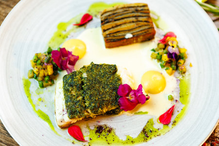 Pike-perch fillet. Potato gratin, warm yellow beet-turkey bean salad, parmesan dressing. Delicious seafood fish closeup served on a table for lunch in modern cuisine gourmet restaurantの写真素材