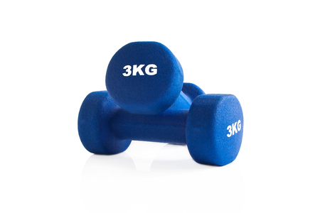 Blue 3kg dumbbells for a fitness training isolated on a white backgroundの写真素材