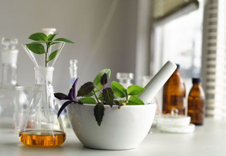 mortar and pestle with herbs in laboratory