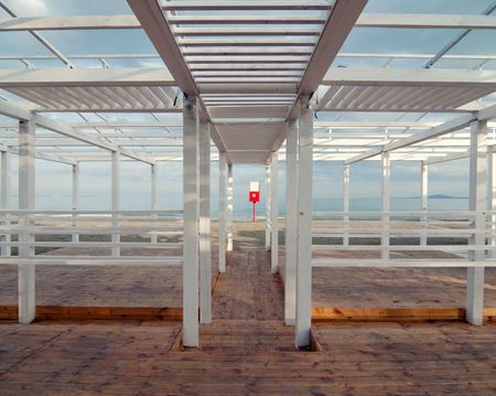 wooden structure of the beach restaurant in Winterの写真素材