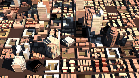 city with downtown and suburbs, buildings and roads