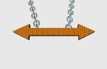 Two ways wooden arrow pointer hanging on a steel chainの写真素材