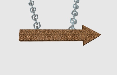 Wooden arrow pointer hanging on a steel chainの写真素材