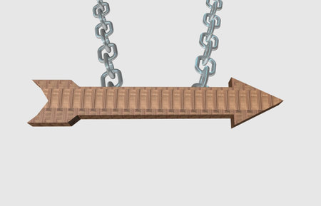 Wooden arrow pointer hanging on a steel chain