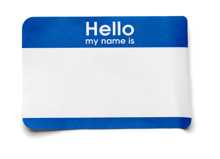 Blue Hello Name Tag on Whiteの写真素材