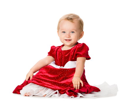 Baby Girl in Christmas Outfit Isolated on White Backgroundの写真素材