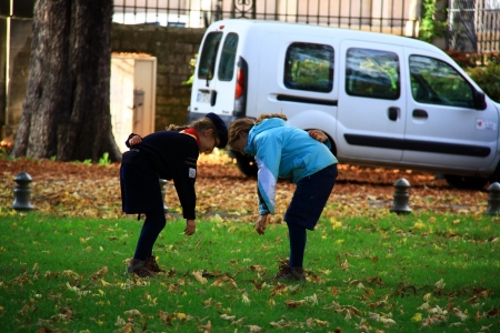 Kids playing their game for education and sport at their garden in Dijon city of France 2012のeditorial素材