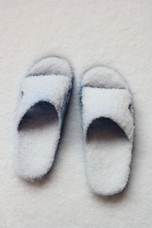 frozen slippers with snow on itの写真素材