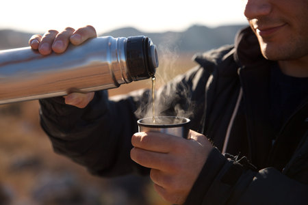Campers drinking hot tea and coffeo from  bottle