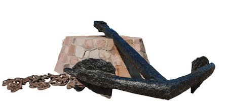 anchor on a stone pedestal and rusty chain isolated on the white background