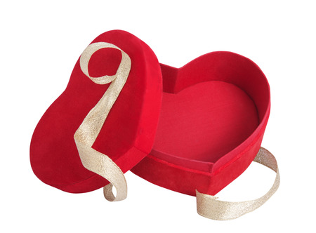box red heart and golden ribbon with white backgroundの写真素材