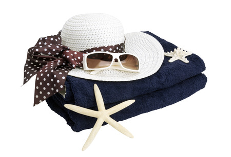 beach set with plea, glasses, towel with white backgroundの写真素材
