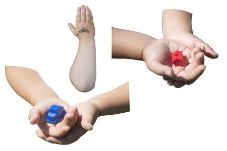 collage childrens hands with fish tattoo, machine and houseの写真素材