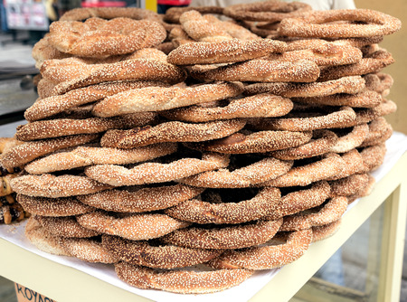 Pile of Greece fresh bagels with sesame sold all over on Istanbul streetsの写真素材