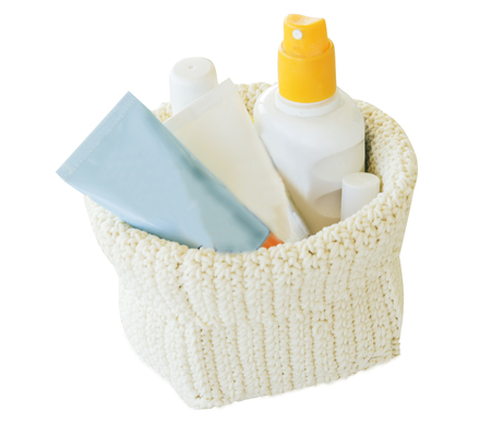 bath accessories on white handmade box isolated on white backgroundの写真素材