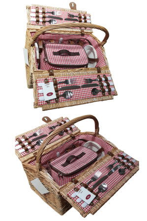 picnic set of spoons, forks, knives plates in a bag on the white backgroundの写真素材