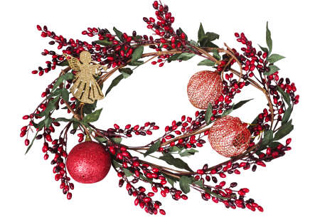 Christmas wreath for home decoration with olives, gold angel. Top view.の写真素材