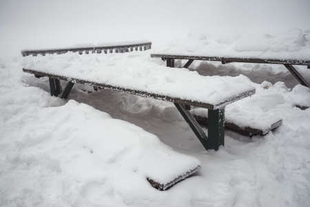 Winter landscape - a big green table and benches in the snow.の写真素材