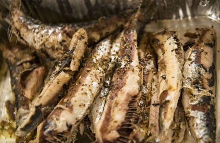 delicious small sardine fried in oil in a packageの写真素材