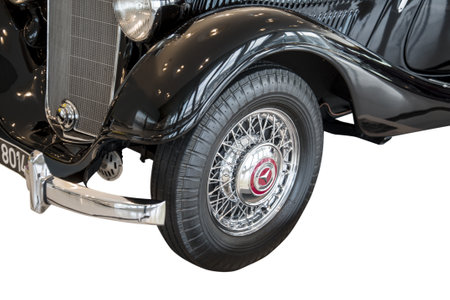 Stuttgart, Germany - December 13, 2017: Close-up of a wheel from Mercedes-Benz 320 Stromlinien-Limousine from 1939 showed in the Mercedes Benz Museum in Stuttgart.のeditorial素材