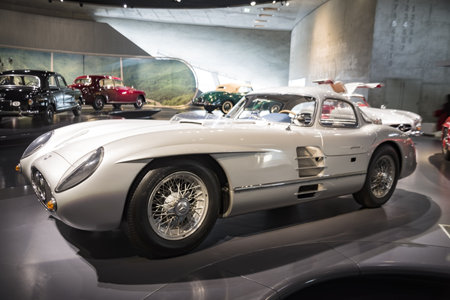 Stuttgart, Germany - December 13, 2017: Mercedes Museum. Left side of gorgeous white glossy vintage vehicle on the car exhibition.のeditorial素材