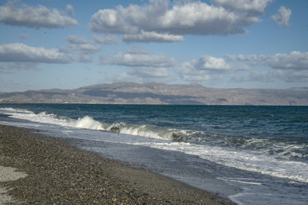 horizontal sea view with waves from Aegina island, Ionian Islands, Greece,の写真素材