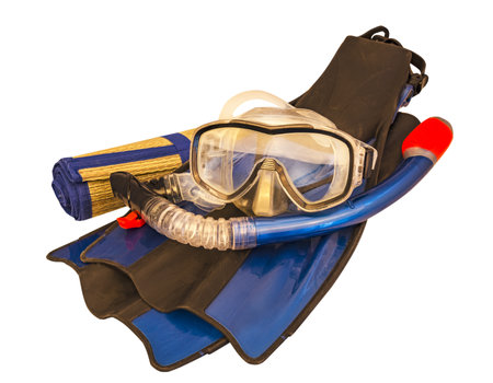 Snorkeling mask, tube, fins on white background - beach accessoriesの写真素材