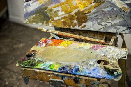 artistic painting pallet with painting brushesの写真素材