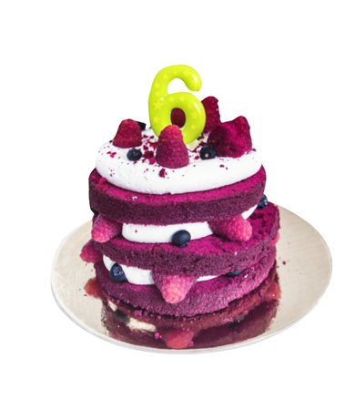 Birthday chocolate cake with fruit for 6 years isolated on the white backgroundの写真素材