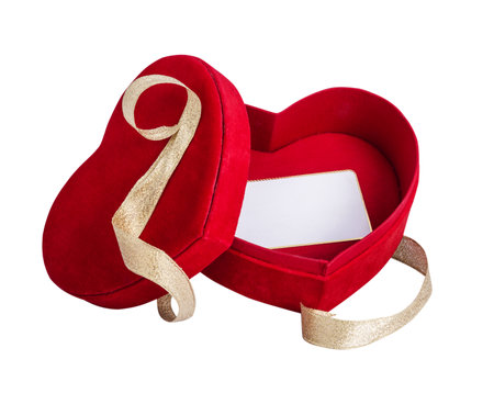 red velvet gift box in the shape of a heart with a white business card inside isolated on the white backgroundの写真素材
