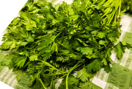 Parsley bunch on green cloth isolated on white backgroundの写真素材