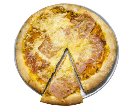 Pizza on plate with a slice off, top view isolated on white backgroundの写真素材