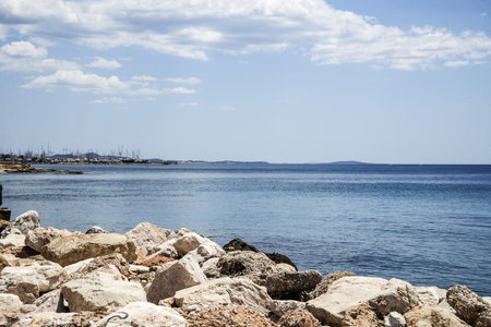 Seascape on the Mediterranean Sea in the area of Paleo Faliro, Athens, Greece.の写真素材