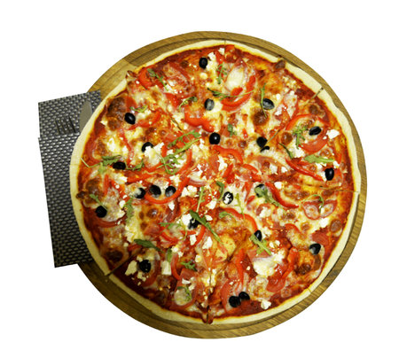 big Greek pizza isolated on white backgroundの写真素材