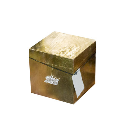 gold gift box isolated on white backgroundの写真素材