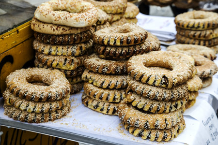 Lots of Greek sesame bagelsの写真素材