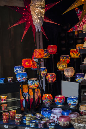 Colorful Christmas lights at a market sale in Germanyの写真素材