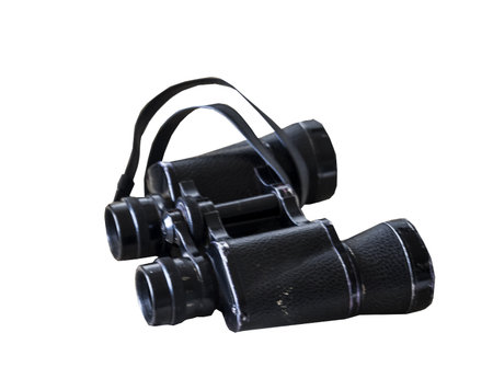 Retro military black binoculars isolated on white backgroundの写真素材