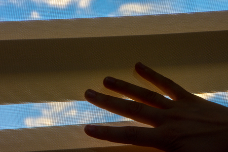 Persons hand on the blinds while watching to the outdoor from the officeの写真素材
