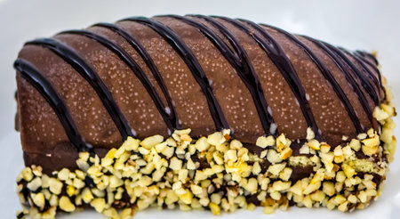 delicious and well decorated chocolate cake with banana and nuts